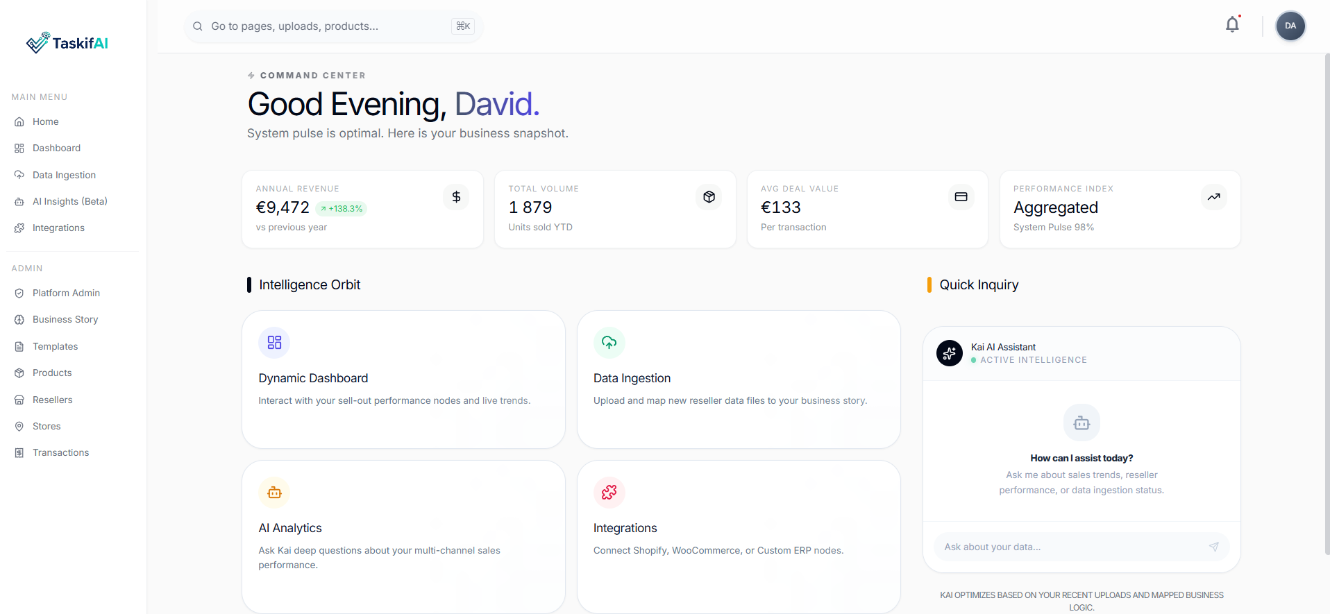 TaskifAI command center dashboard showing real-time sell-out data across retail partners